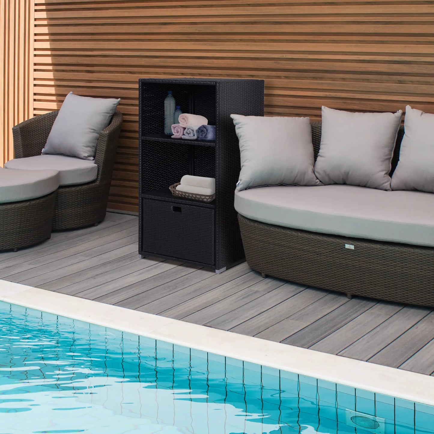 Outdoor Storage Cabinet, Rattan Wicker Pool Towel Organizer, Dark Brown Patio Storage Boxes at Gallery Canada