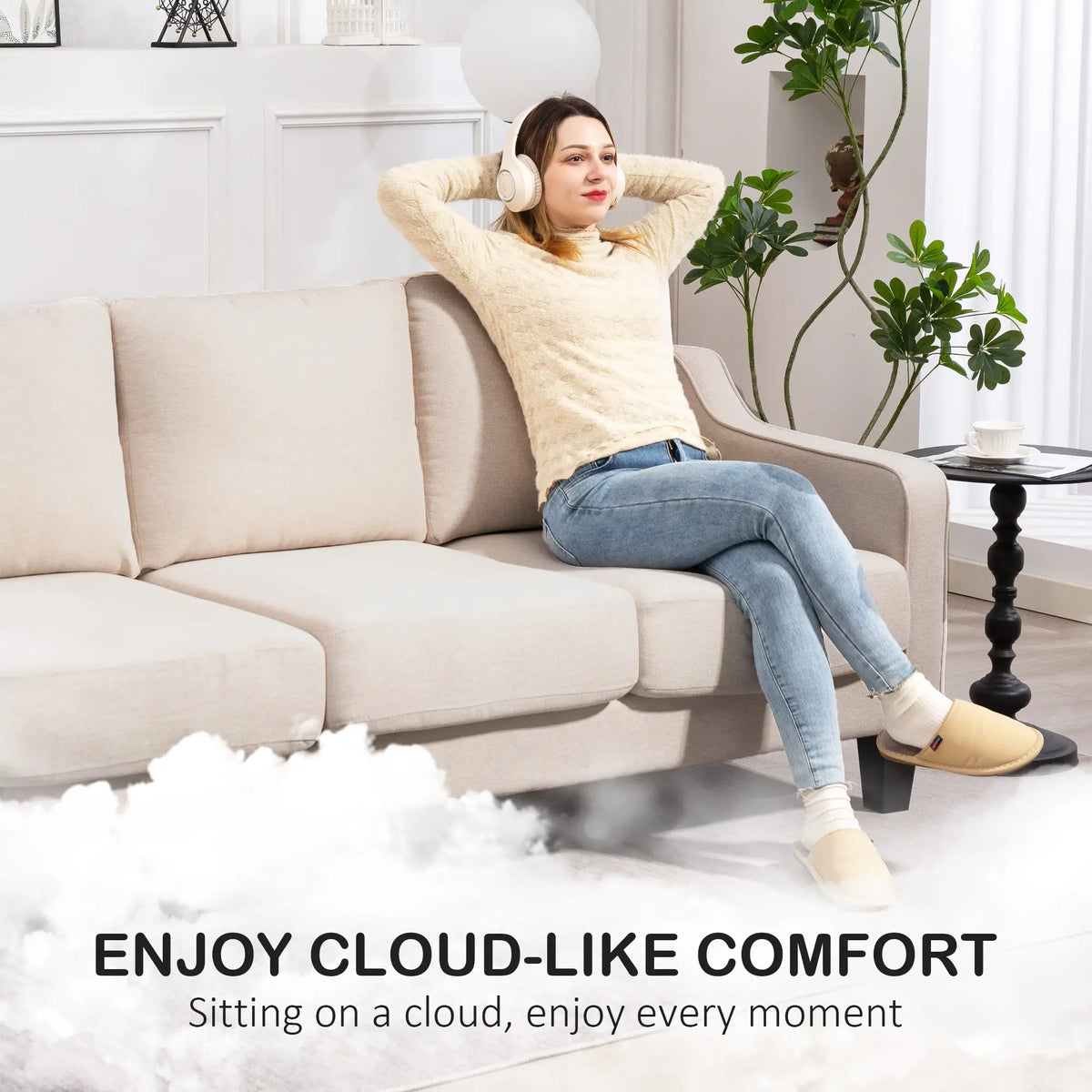 3 Seater Sofa, Modern Linen Couch, Pocket Spring, Thick Padded, Beige 3-Seater Sofas at Gallery Canada