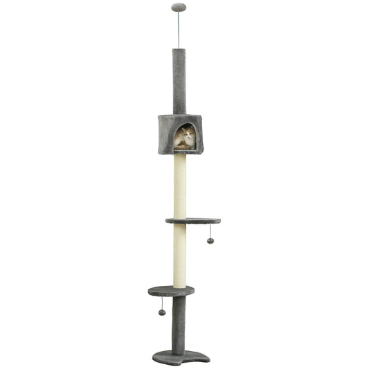 4-Tier Floor to Ceiling Cat Tree, Scratching Post, Plush, Toy Ball, Light Grey Floor to Ceiling Cat Trees Light Grey, Beige at Gallery Canada