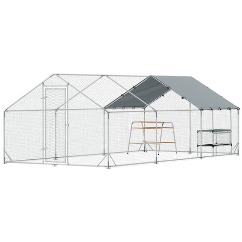 Metal Chicken Coop with Cover, Nesting Box, Roosting Bars, 9.8 x 19.7 x 6.4 ft