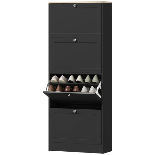 Shoe Storage Cabinet with 4 Flip Drawers, Adjustable Shelves, 18-24 Pairs, Black