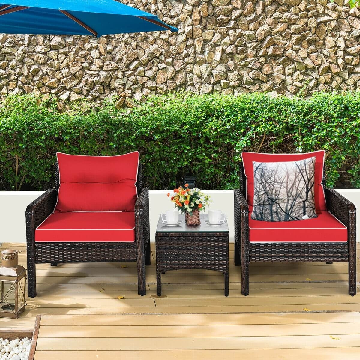 3 Pcs Outdoor Rattan Conversation Set, With Seat Cushions, Red Patio Conversation Sets at Gallery Canada