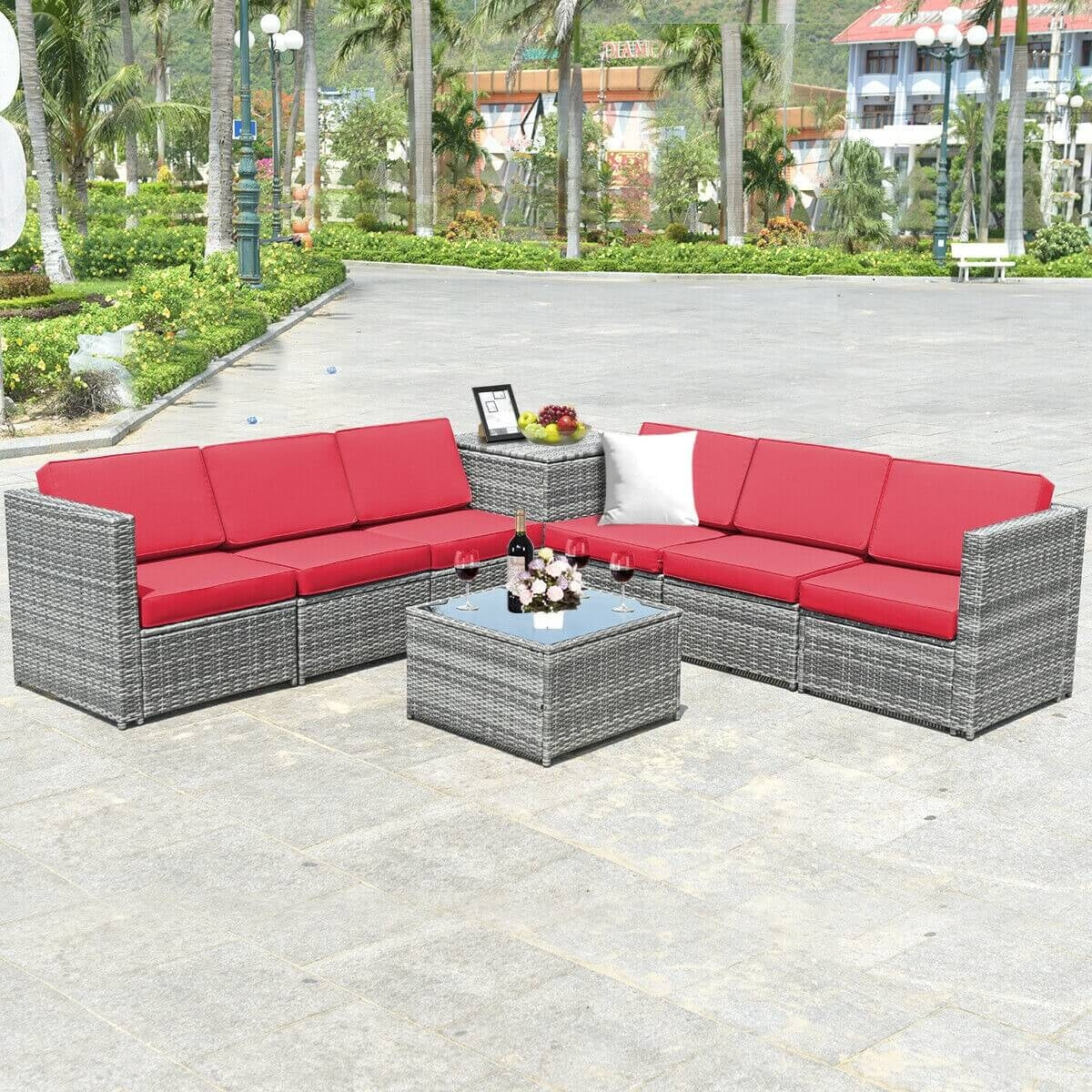 8 Piece Wicker Rattan Sofa Dining Set, Patio Furniture With Storage Table, Red Outdoor Sectionals at Gallery Canada