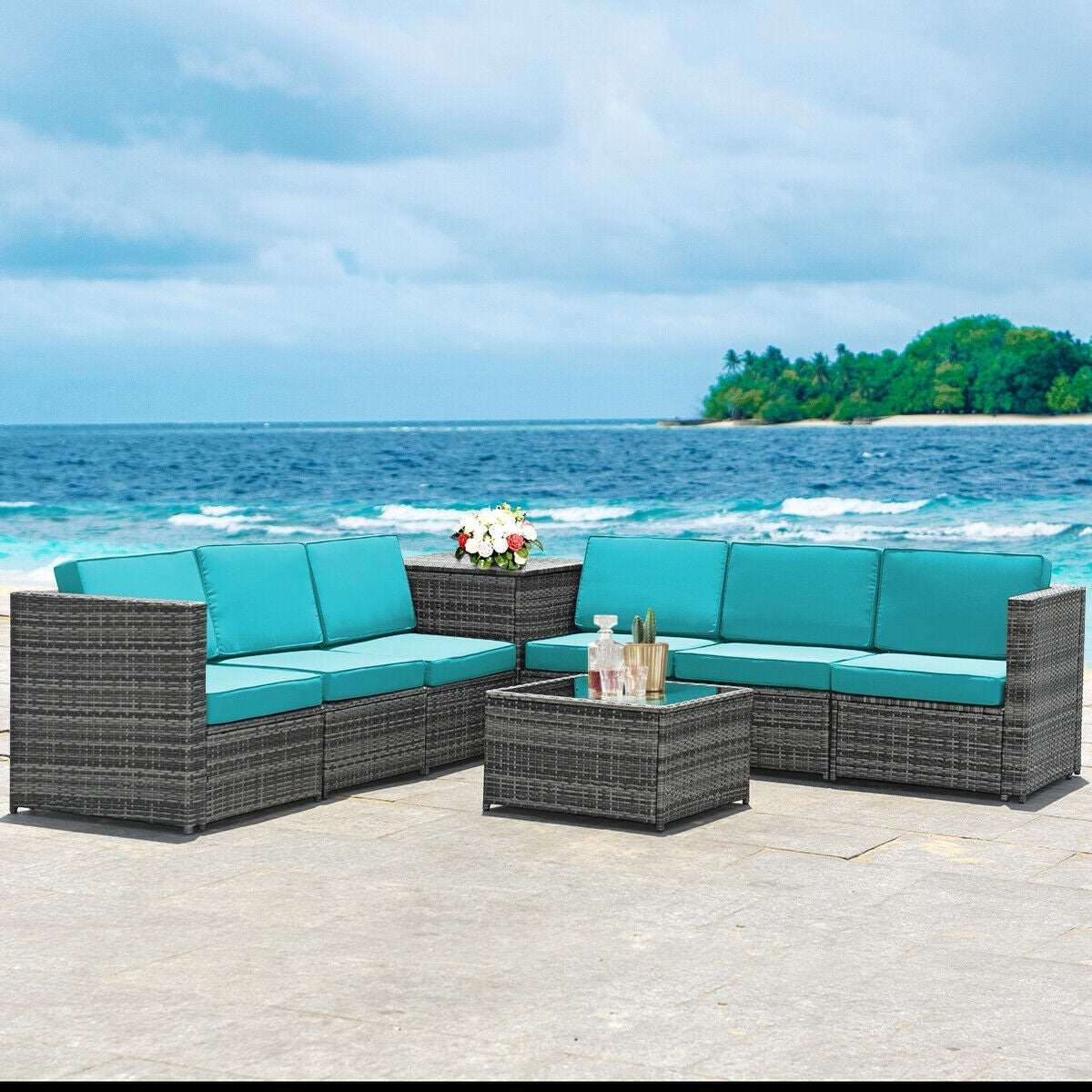 8 Piece Wicker Rattan Patio Dining Set, With Storage Table, Turquoise Outdoor Sectionals at Gallery Canada
