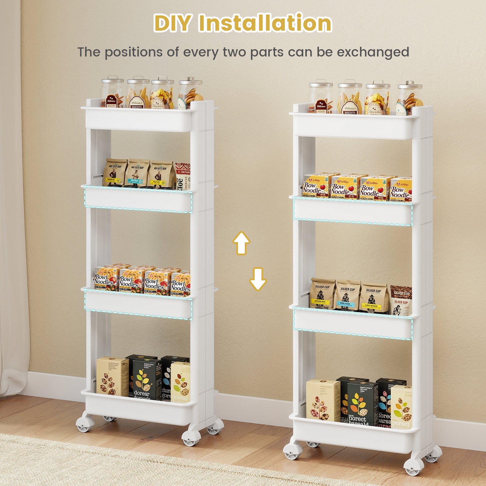3/4-Tier Rolling Utility Cart with Detachable Trays and Smooth Wheels-4-Tier Kitchen Islands & Carts at Gallery Canada