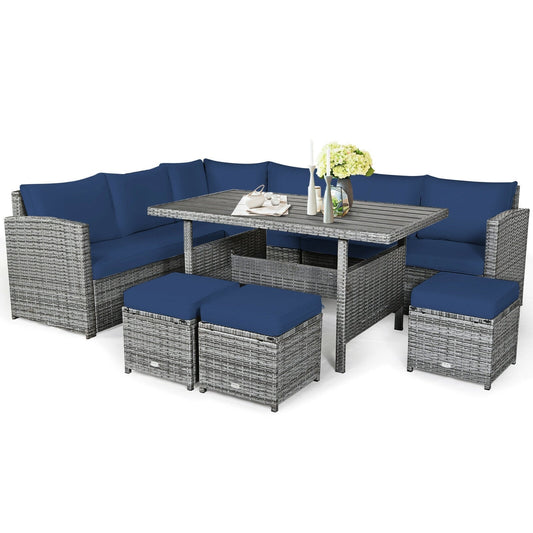 7 Piece Patio Rattan Dining Set, Sectional Sofa With Ottoman, Navy Outdoor Sectionals Navy at Gallery Canada
