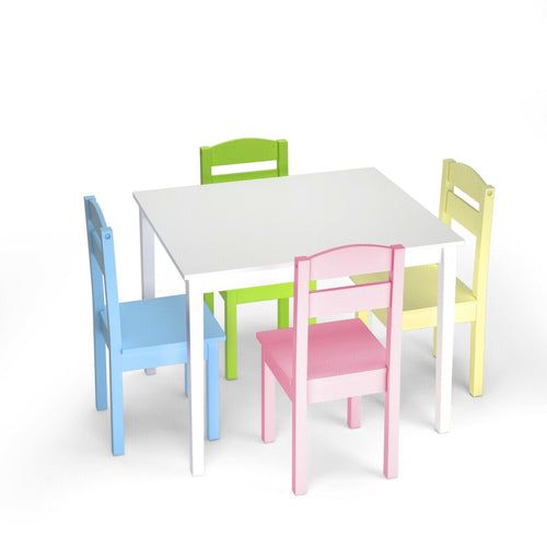5 Pieces Kids Pine Wood Table Chair Set, Clear
