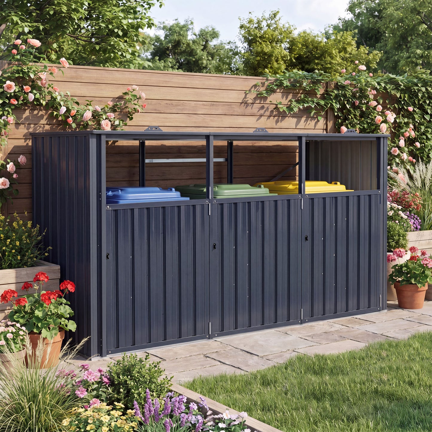 3-Bin Metal Trash Can Shed with Flip-Up Lids, Dark Gray Sheds & Outdoor Storage at Gallery Canada