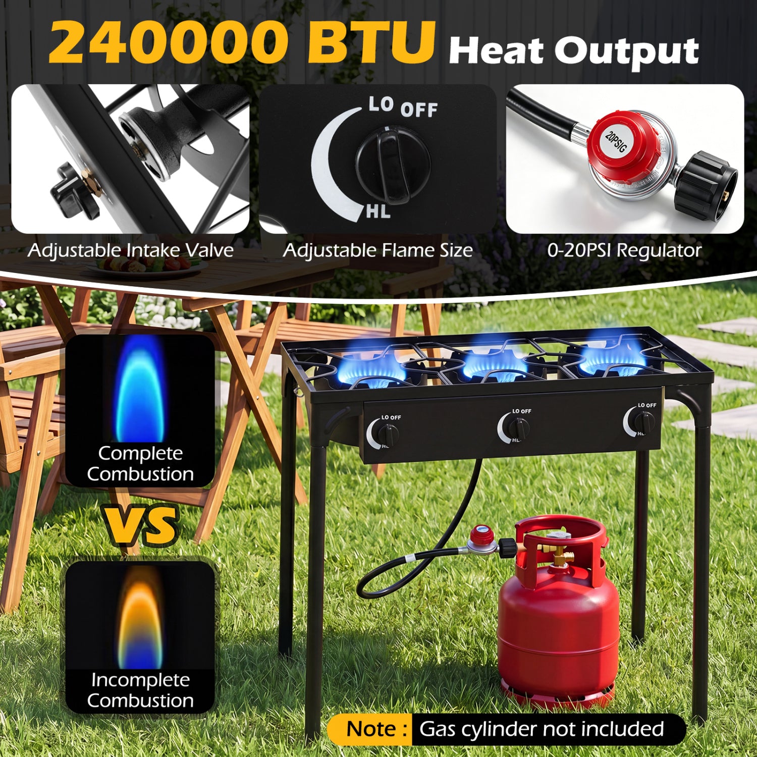 3 Burner Propane Stove, 240000 BTU, Black Outdoor Grills at Gallery Canada