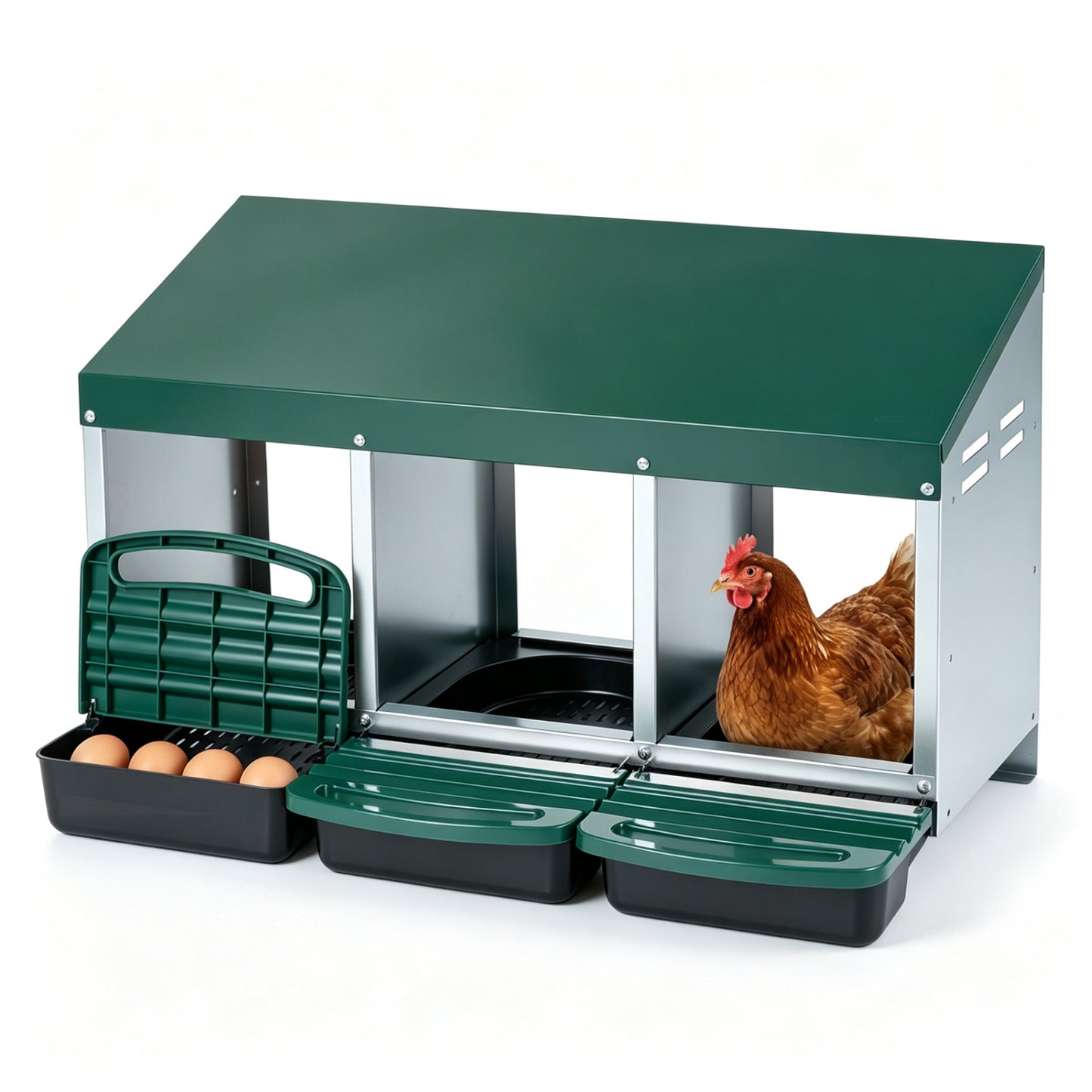 Boîte de ponte pour poules en métal à 3 compartiments, avec roulettes, verte
