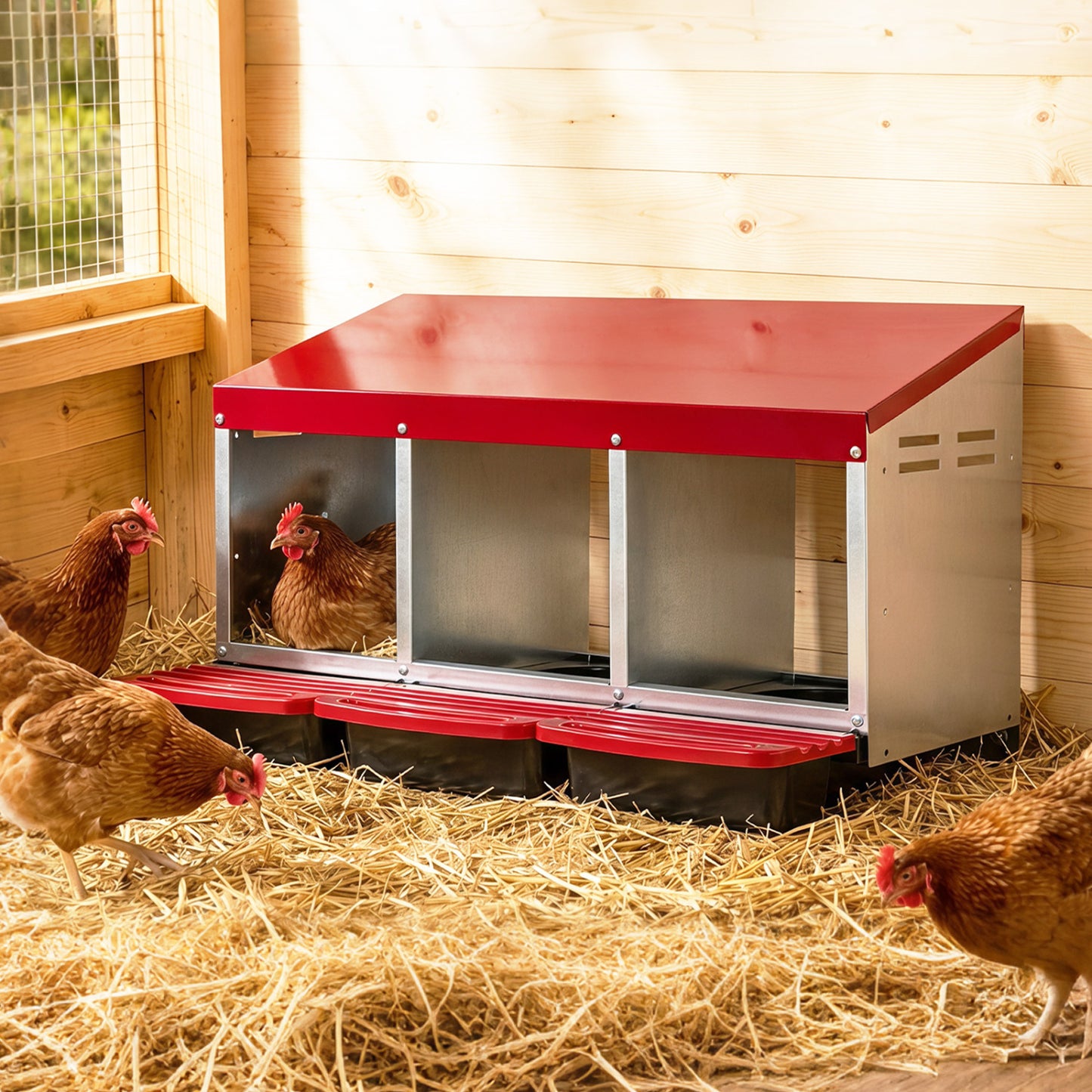 3-Compartment Metal Chicken Nesting Box, Red