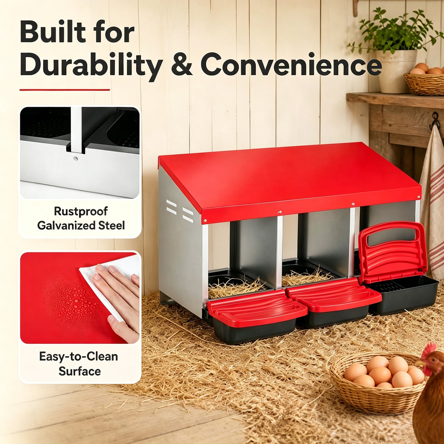 3-Compartment Roll Away Chicken Nesting Box, Red Chicken Coops at Gallery Canada
