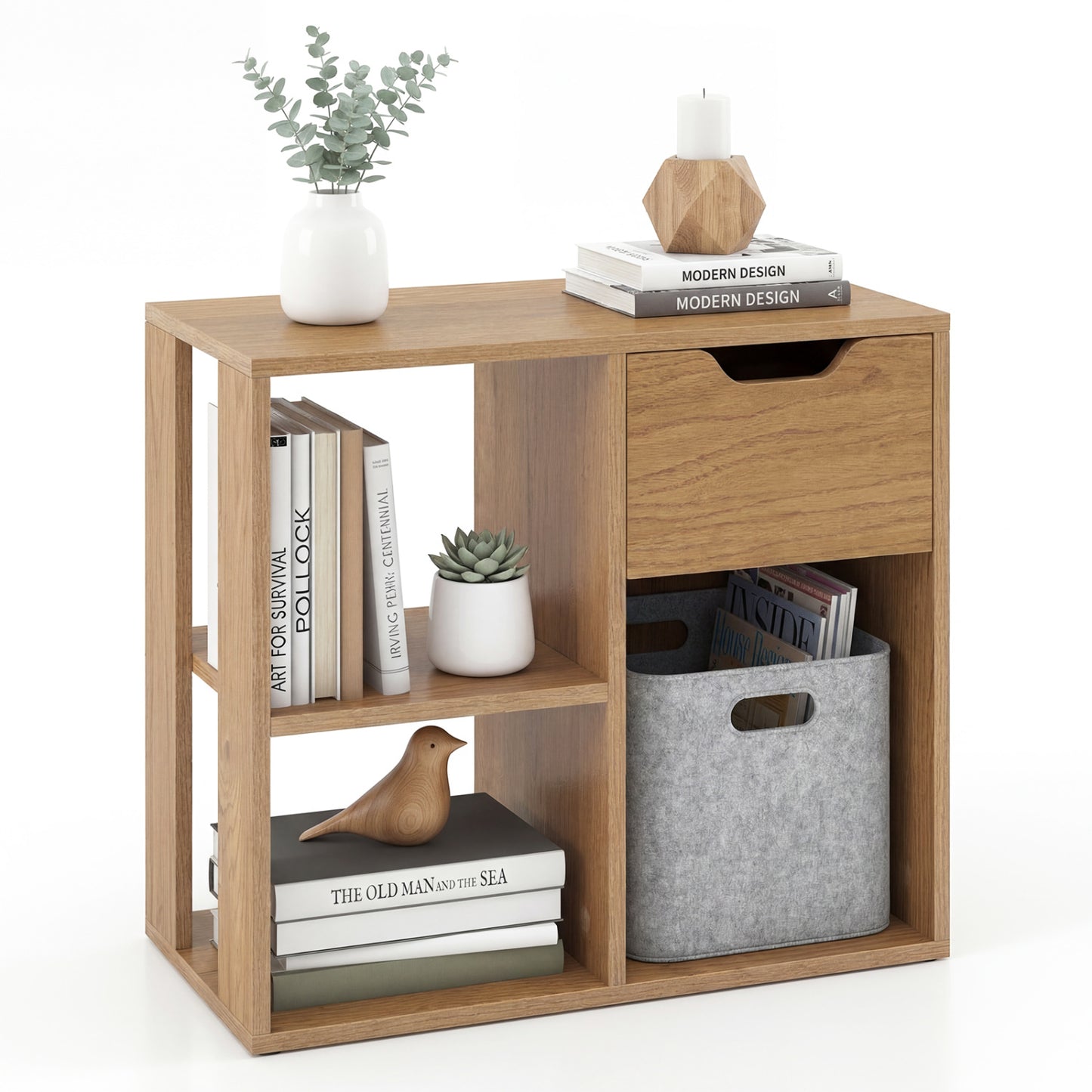 3-Cube Bookcase 2-Tier Wooden Shelf with Drawer, Natural Bookcases at Gallery Canada