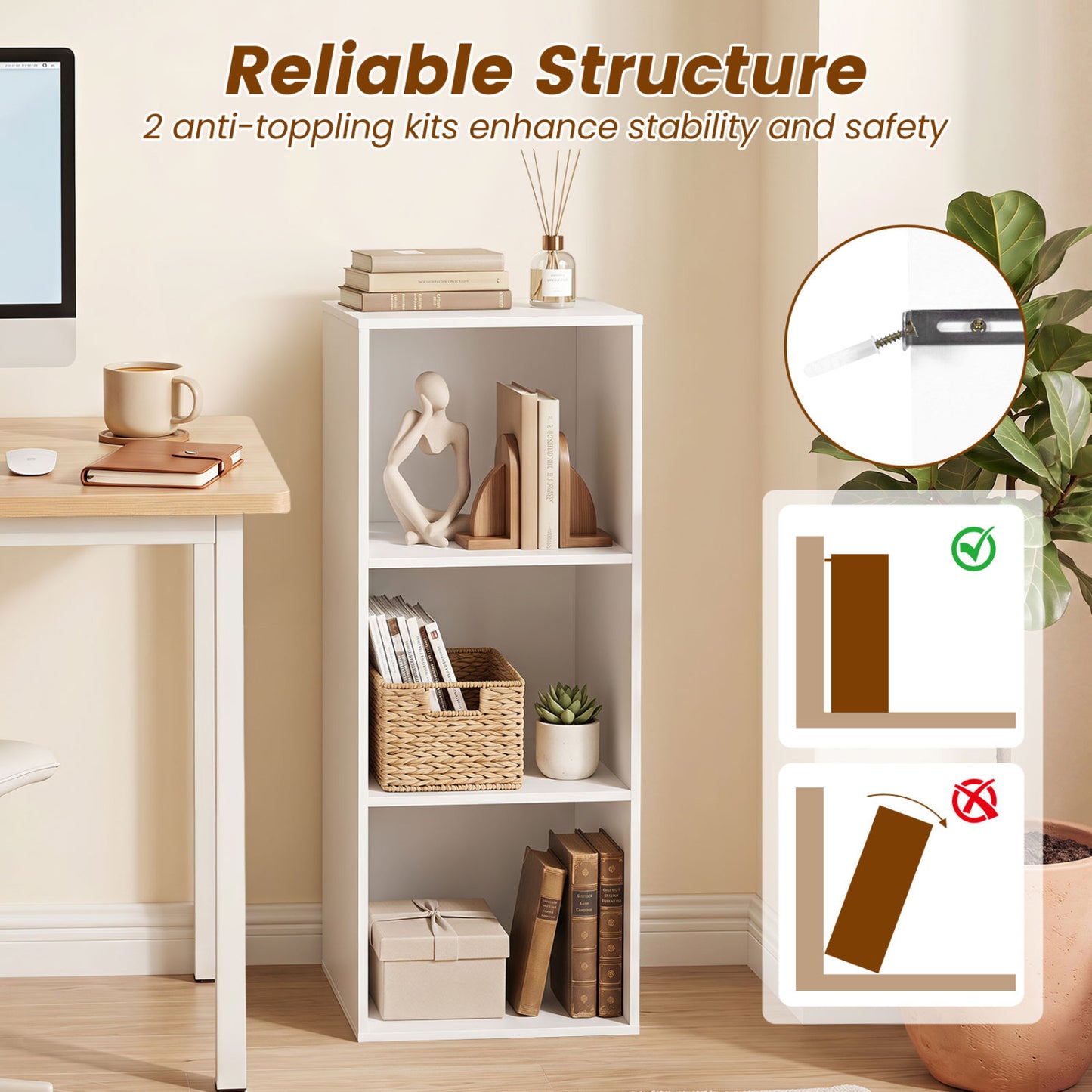3-Cube Bookcase Storage Organizer with Anti-Tipping Kit, White