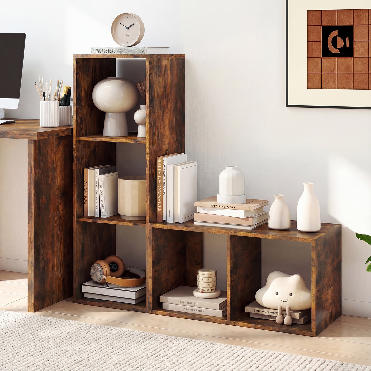 3 Cube Bookshelf With Back Guardrail, Brown Bookcases at Gallery Canada