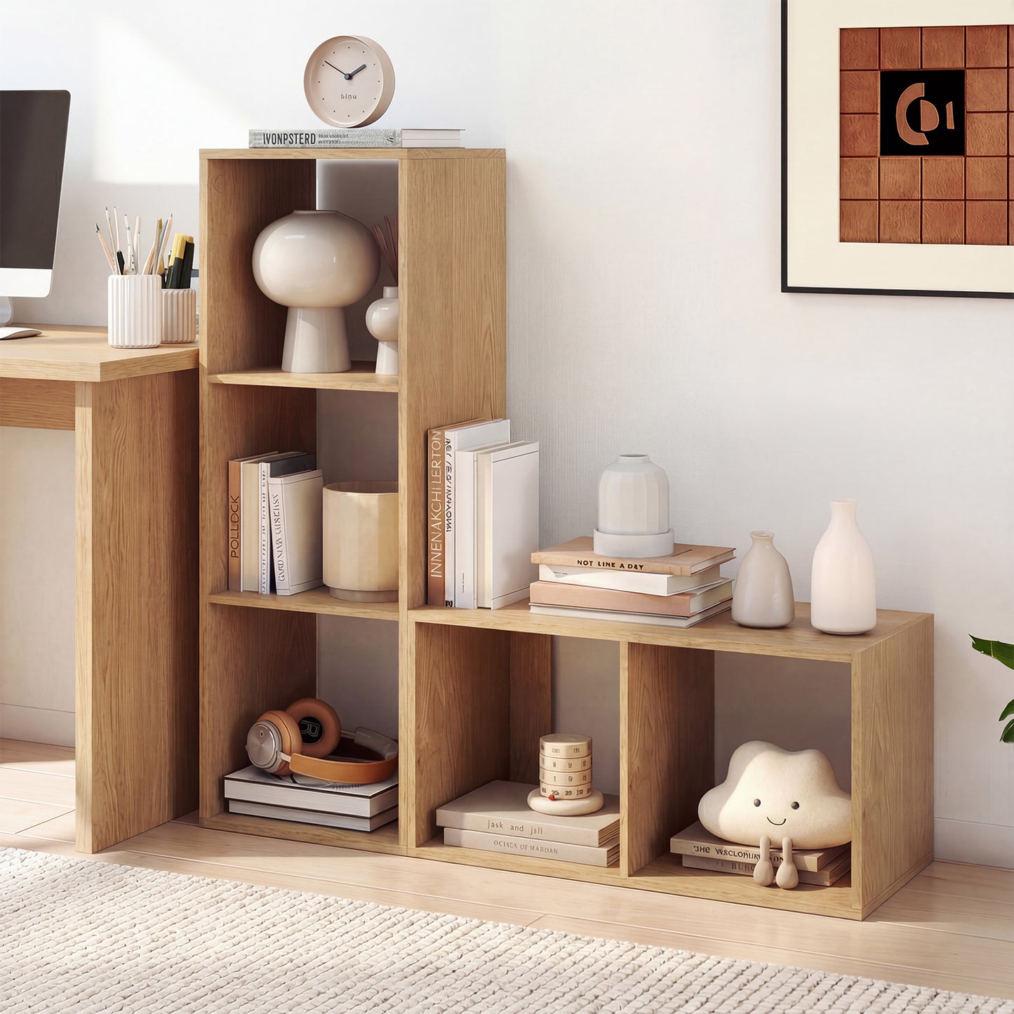 3 Cube Bookshelf, With Back Guardrail, Natural Bookcases at Gallery Canada