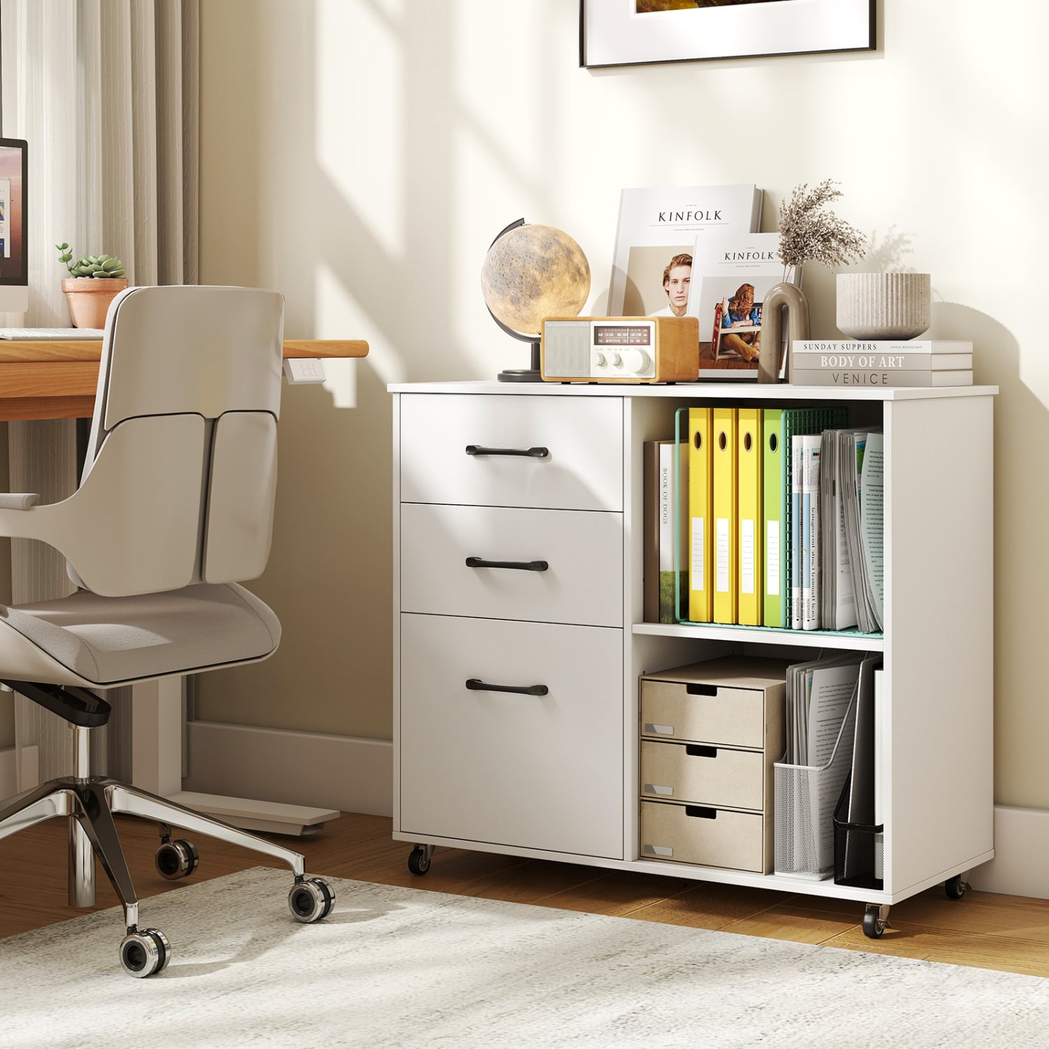 3-Drawer Mobile File Cabinet With Open Shelves, White File Cabinets at Gallery Canada