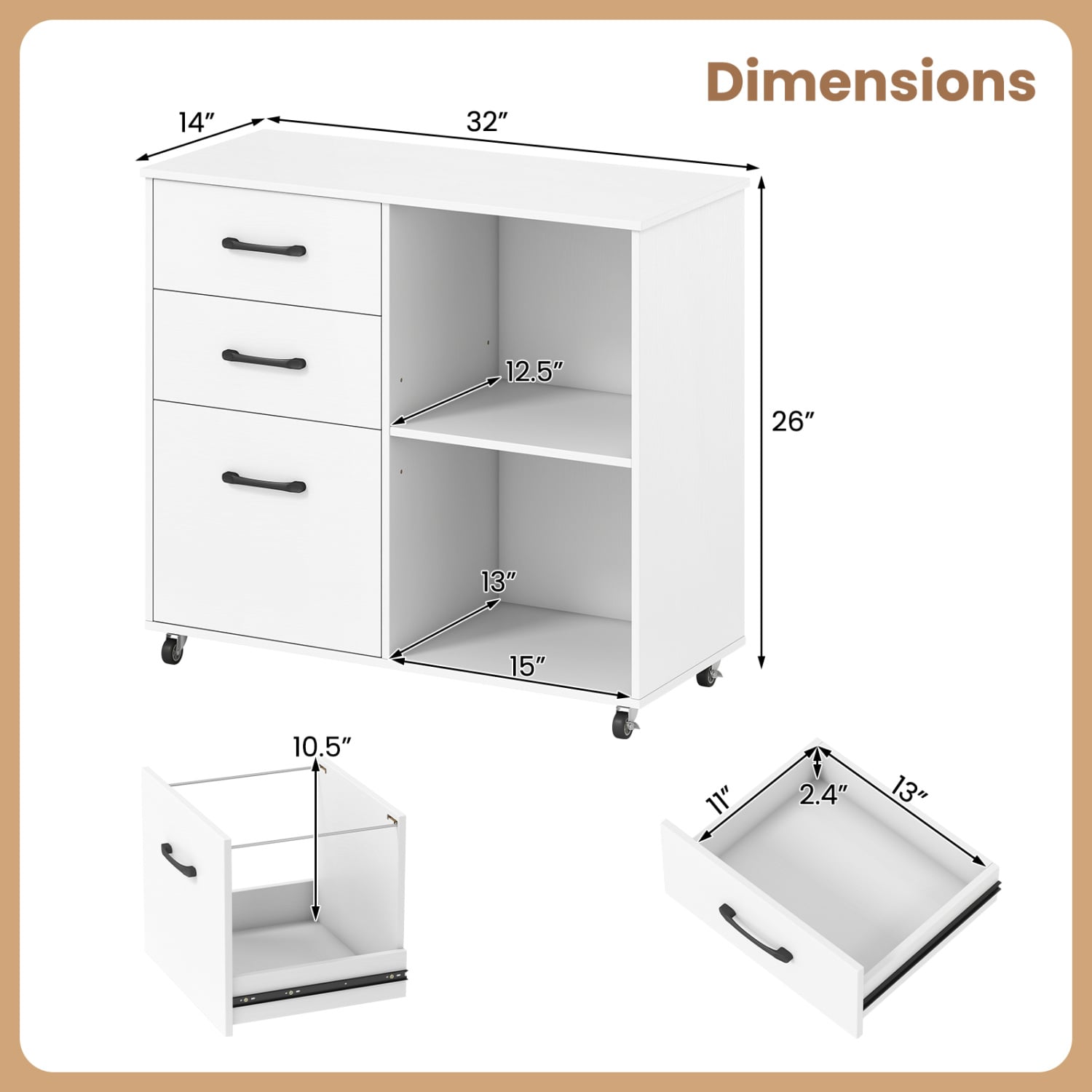 3-Drawer Mobile File Cabinet With Open Shelves, White File Cabinets at Gallery Canada