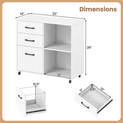 3-Drawer Mobile File Cabinet With Open Shelves, White File Cabinets at Gallery Canada