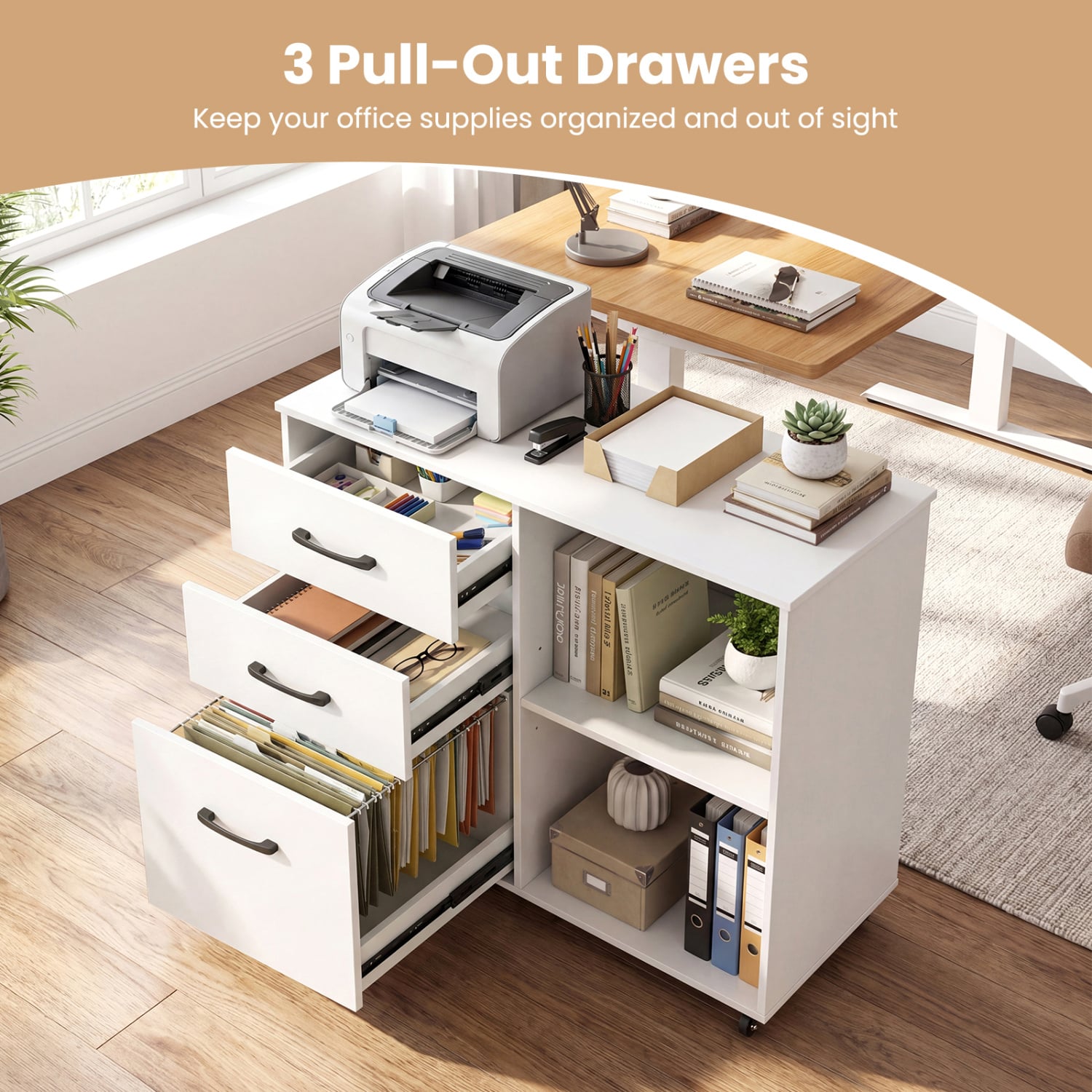 3-Drawer Mobile File Cabinet With Open Shelves, White File Cabinets at Gallery Canada