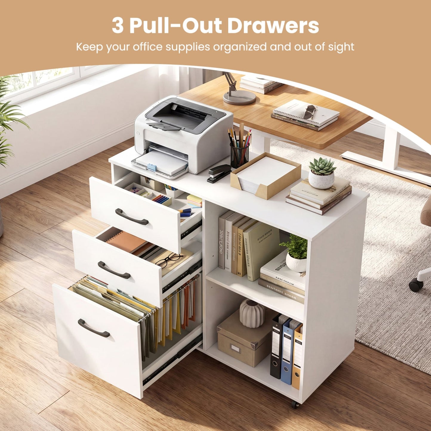 3-Drawer Mobile File Cabinet With Open Shelves, White File Cabinets at Gallery Canada