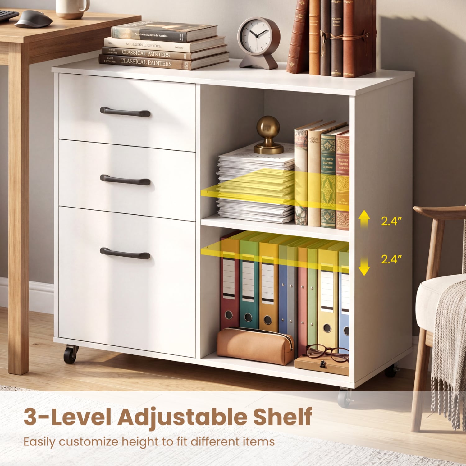 3-Drawer Mobile File Cabinet With Open Shelves, White File Cabinets at Gallery Canada