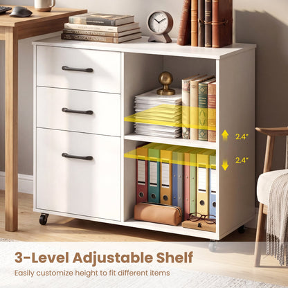 3-Drawer Mobile File Cabinet With Open Shelves, White File Cabinets at Gallery Canada