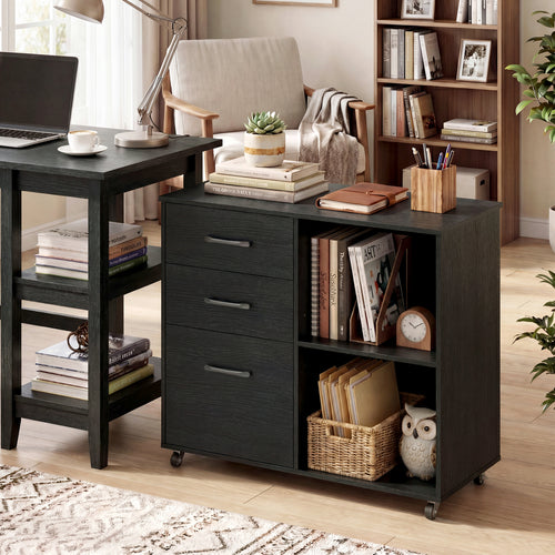 3-Drawer Mobile Lateral File Cabinet Printer Stand, Black