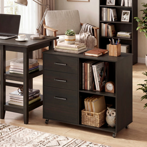 3-Drawer Mobile Lateral File Cabinet Printer Stand, Dark Brown