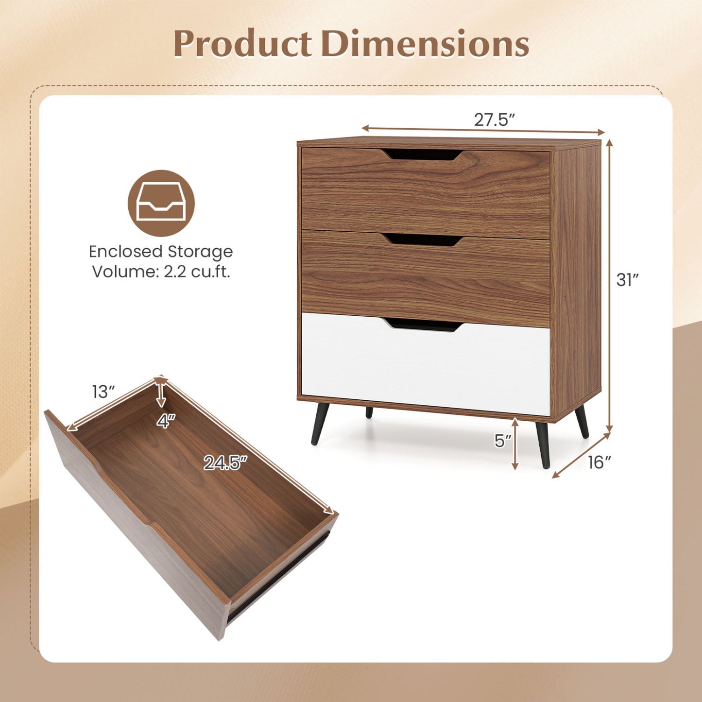 3-Drawer Rustic Farmhouse Wooden Storage Dresser, Walnut Dressers & Chests at Gallery Canada