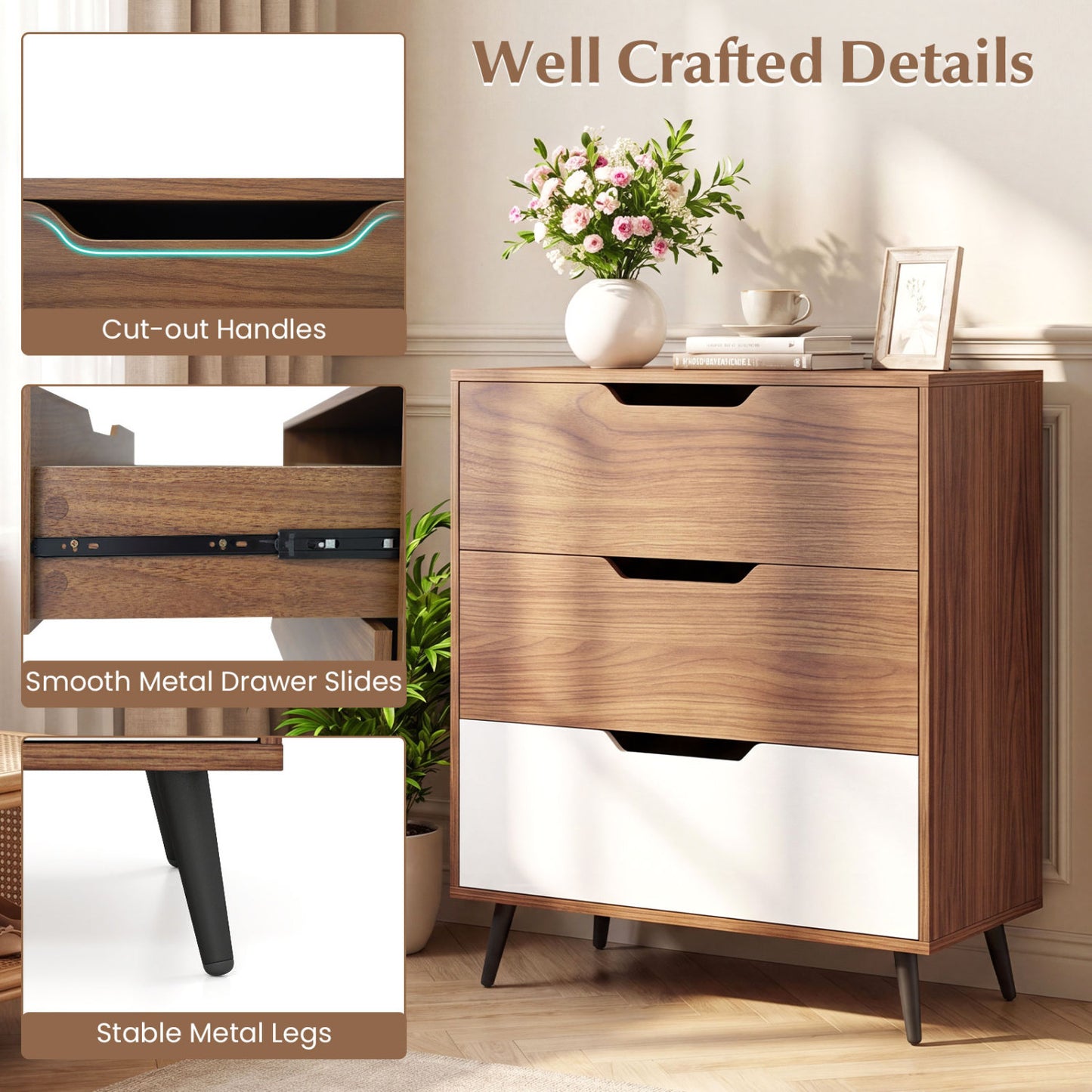 3-Drawer Rustic Farmhouse Wooden Storage Dresser, Walnut Dressers & Chests at Gallery Canada