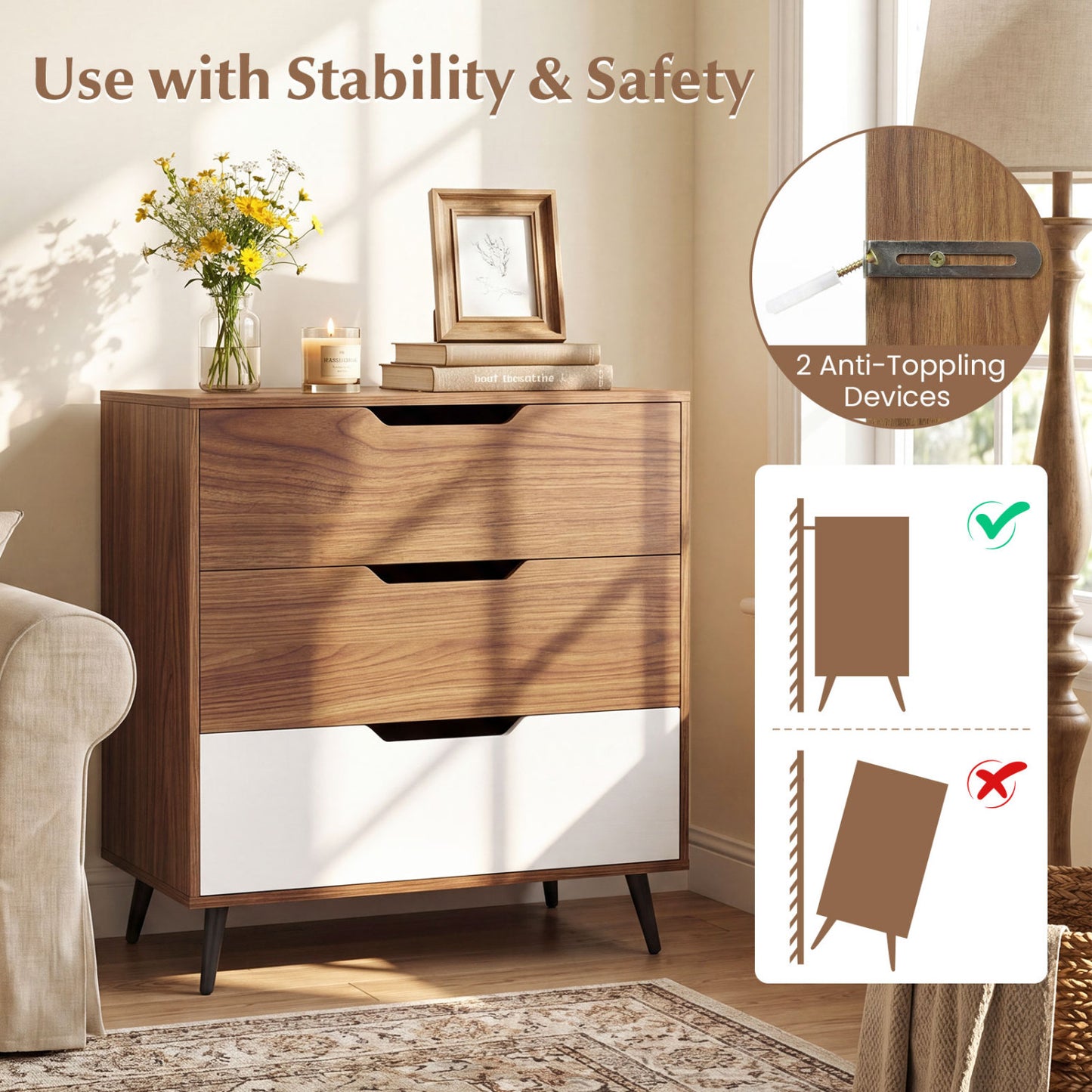 3-Drawer Rustic Farmhouse Wooden Storage Dresser, Walnut Dressers & Chests at Gallery Canada