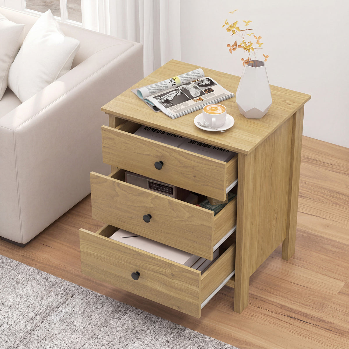 3-Drawer Wooden Nightstand Modern Bedside Table, Natural Nightstands at Gallery Canada