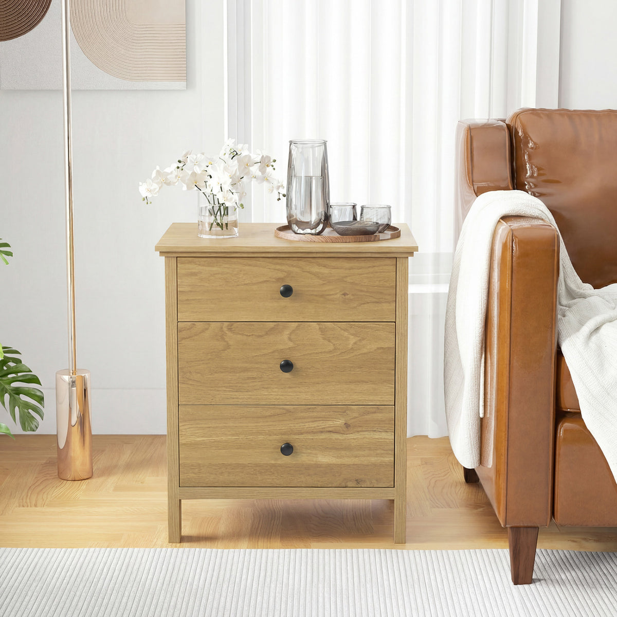 3-Drawer Wooden Nightstand Modern Bedside Table, Natural Nightstands at Gallery Canada
