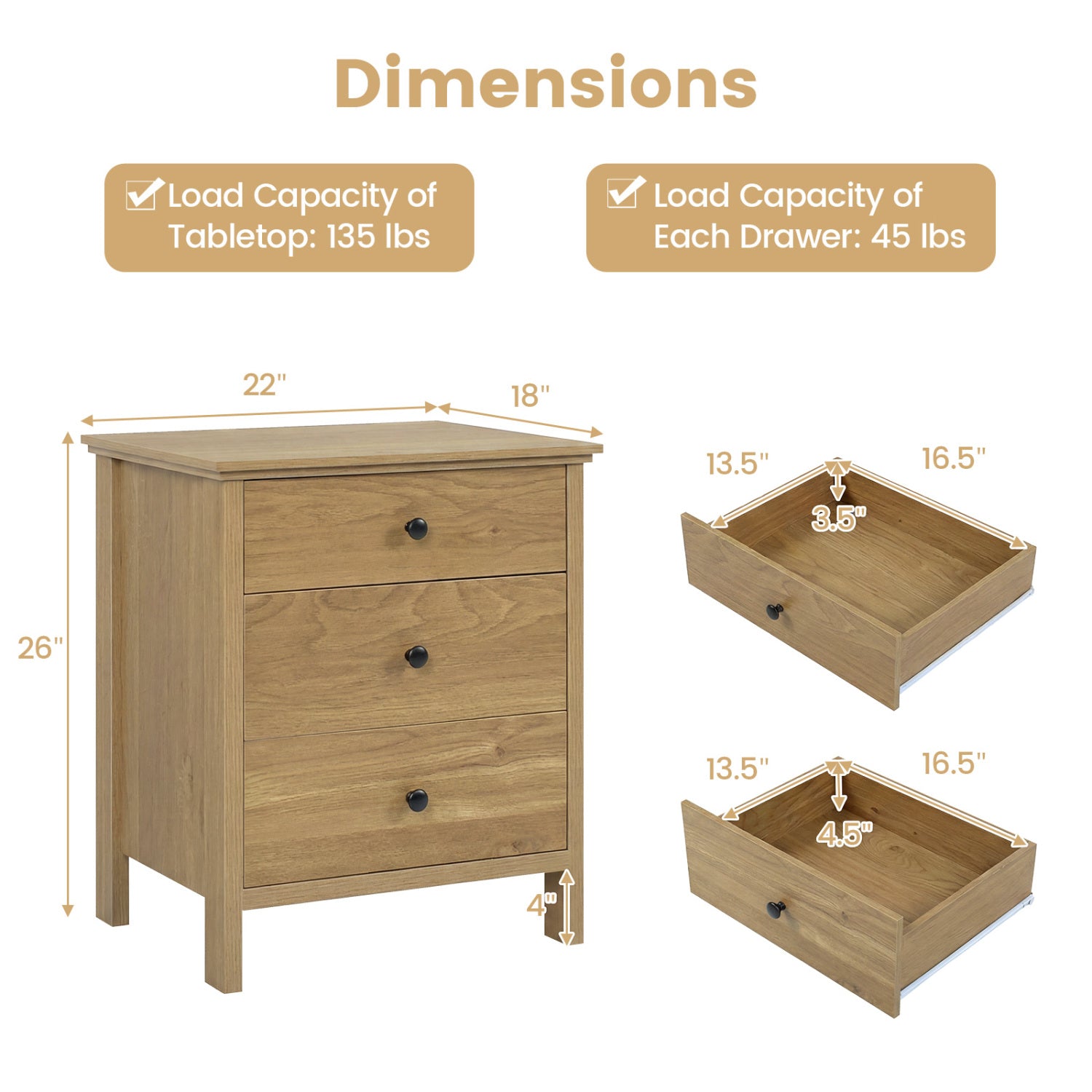 3-Drawer Wooden Nightstand Modern Bedside Table, Natural Nightstands at Gallery Canada