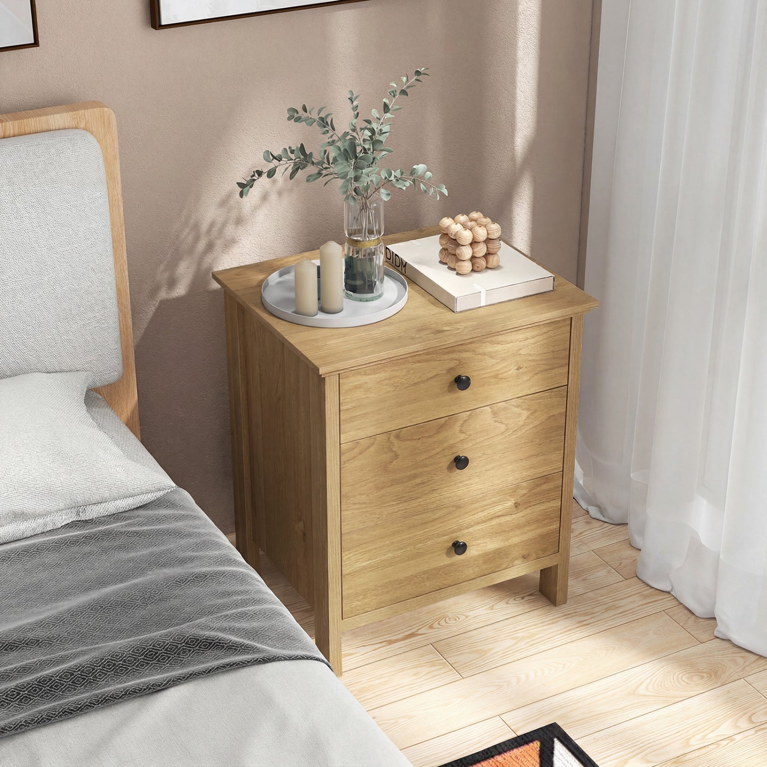 3-Drawer Wooden Nightstand Modern Bedside Table, Natural Nightstands at Gallery Canada