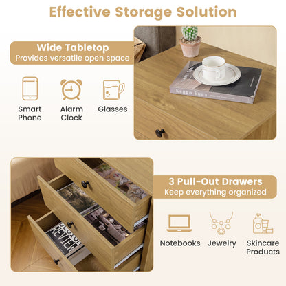 3-Drawer Wooden Nightstand Modern Bedside Table, Natural Nightstands at Gallery Canada