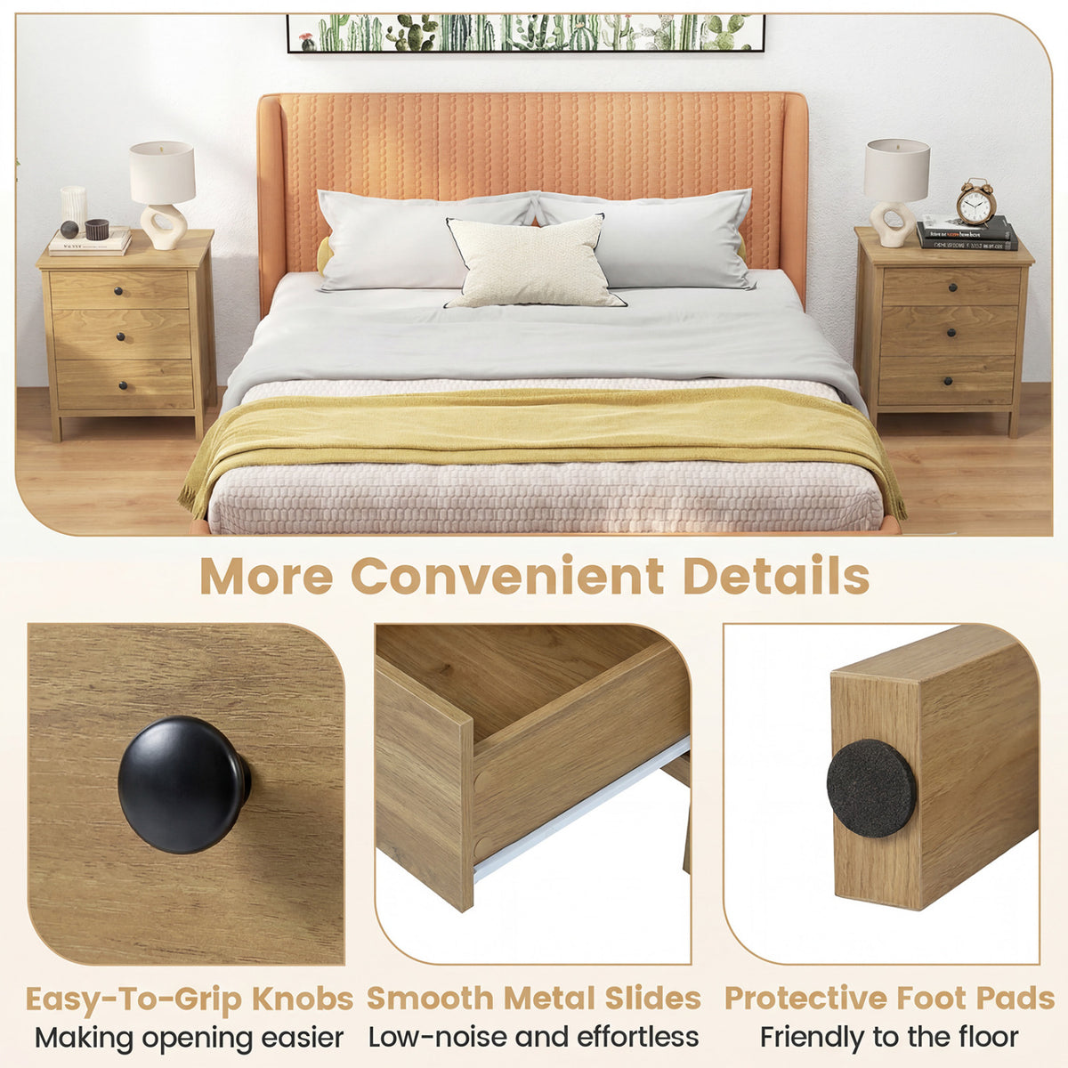 3-Drawer Wooden Nightstand Modern Bedside Table, Natural Nightstands at Gallery Canada