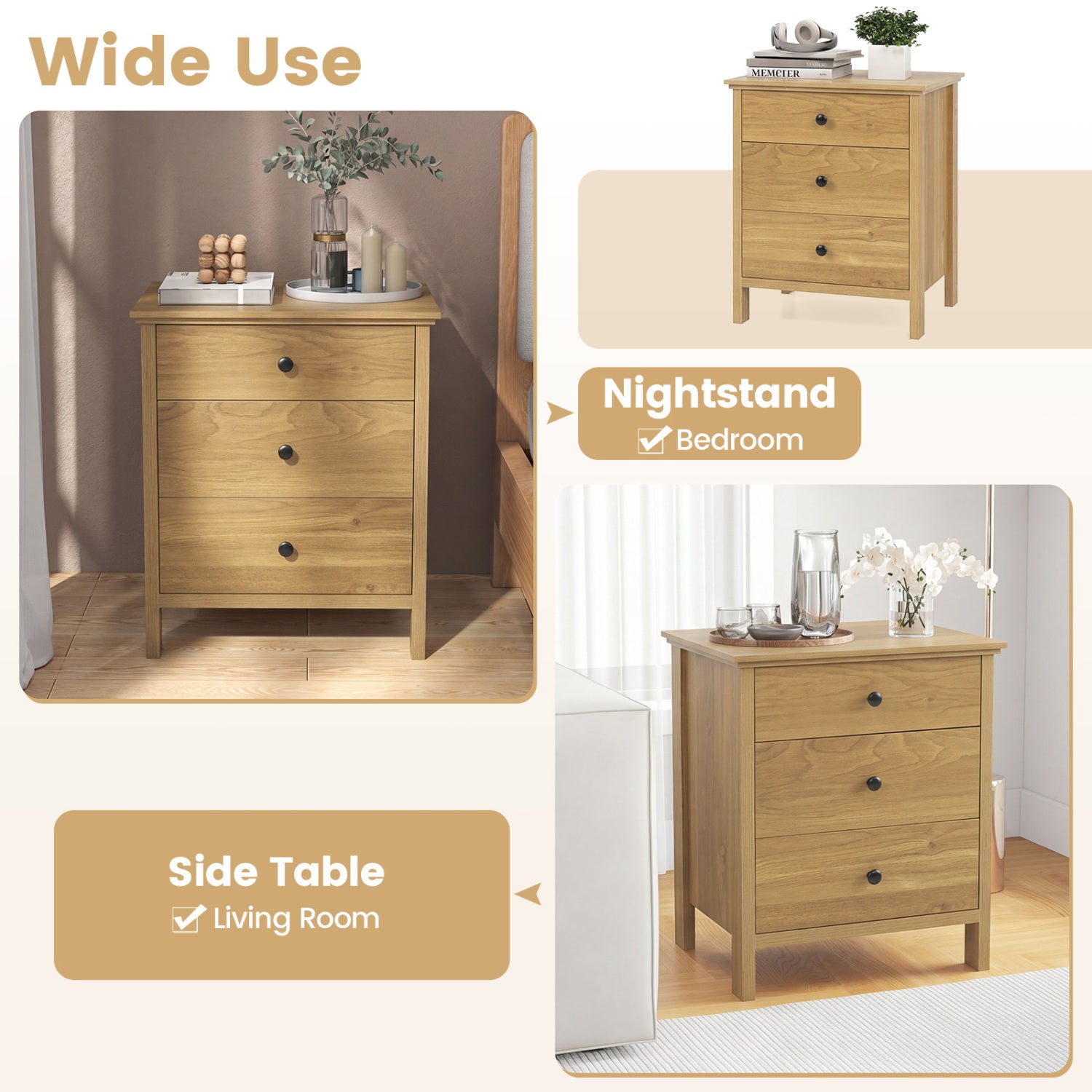 3-Drawer Wooden Nightstand Modern Bedside Table, Natural Nightstands at Gallery Canada