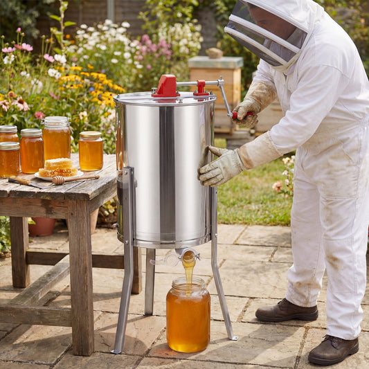 3 Frame Manual Honey Extractor, Gravity Flow Gate, Clear Lid Small Appliances Silver and Red at Gallery Canada