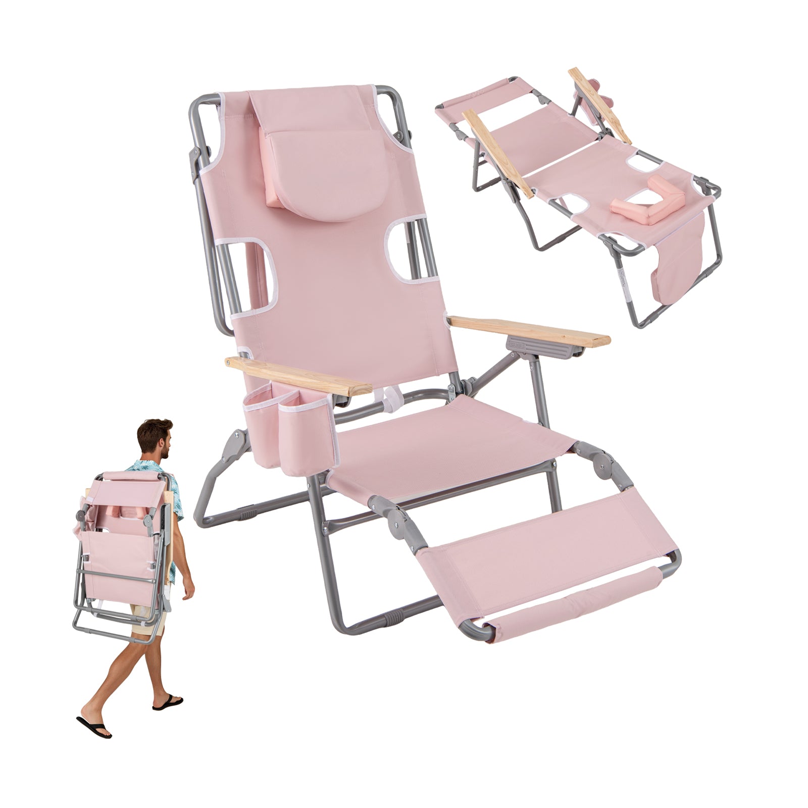 3-In-1 Foldable Beach Chair, Footrest, Adjustable Backrest, Pink Beach & Lawn Chairs at Gallery Canada
