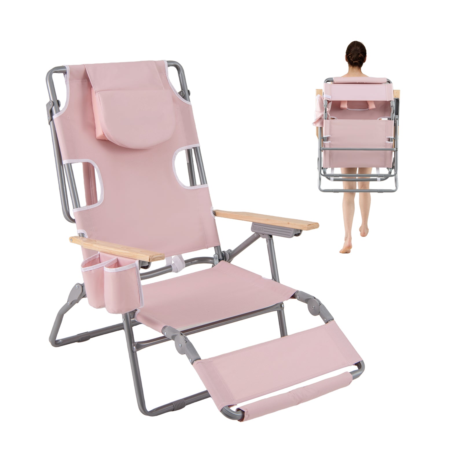 3-In-1 Foldable Beach Chair, Footrest, Adjustable Backrest, Pink Beach & Lawn Chairs at Gallery Canada