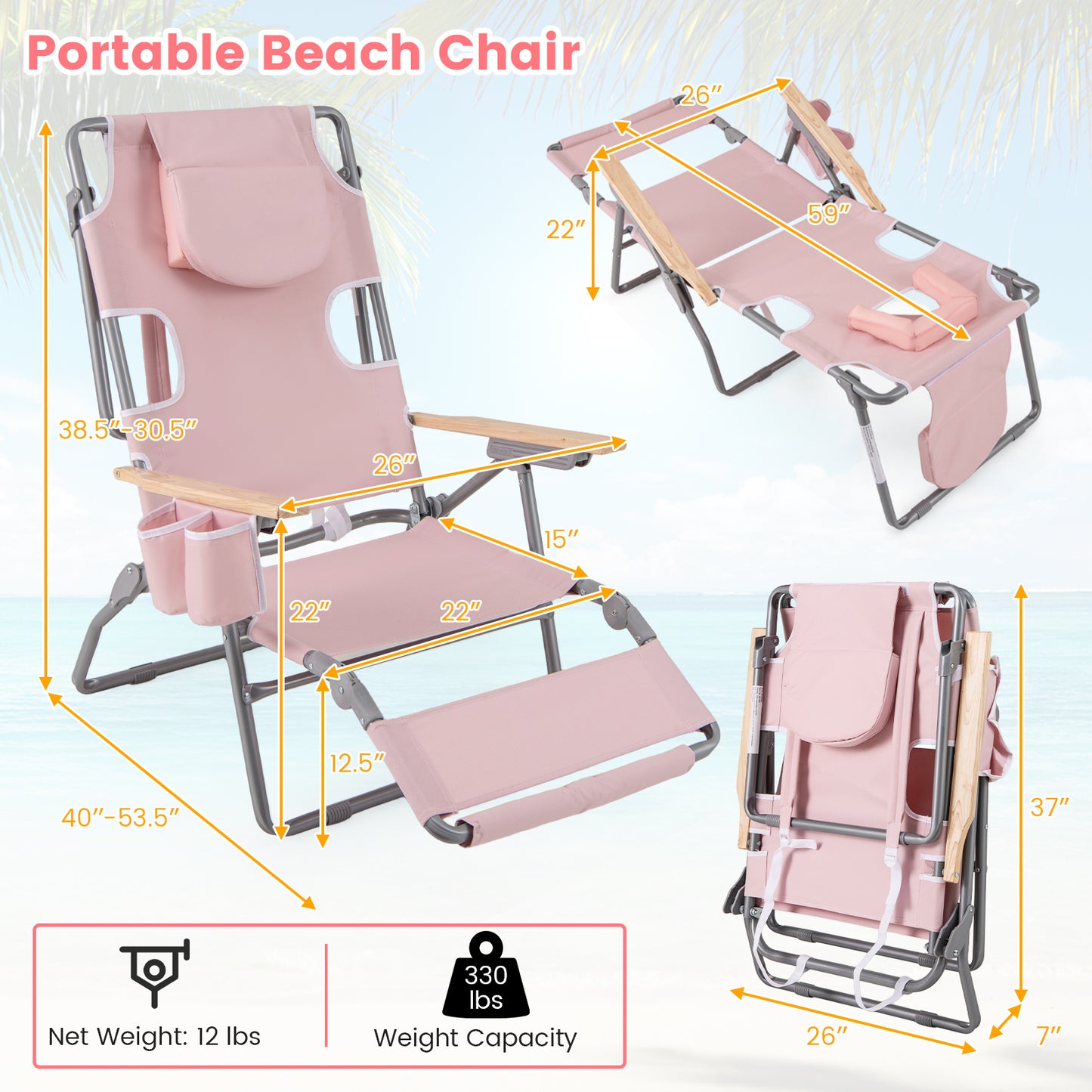 3-In-1 Foldable Beach Chair, Footrest, Adjustable Backrest, Pink Beach & Lawn Chairs at Gallery Canada