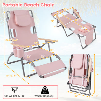 3-In-1 Foldable Beach Chair, Footrest, Adjustable Backrest, Pink Beach & Lawn Chairs at Gallery Canada