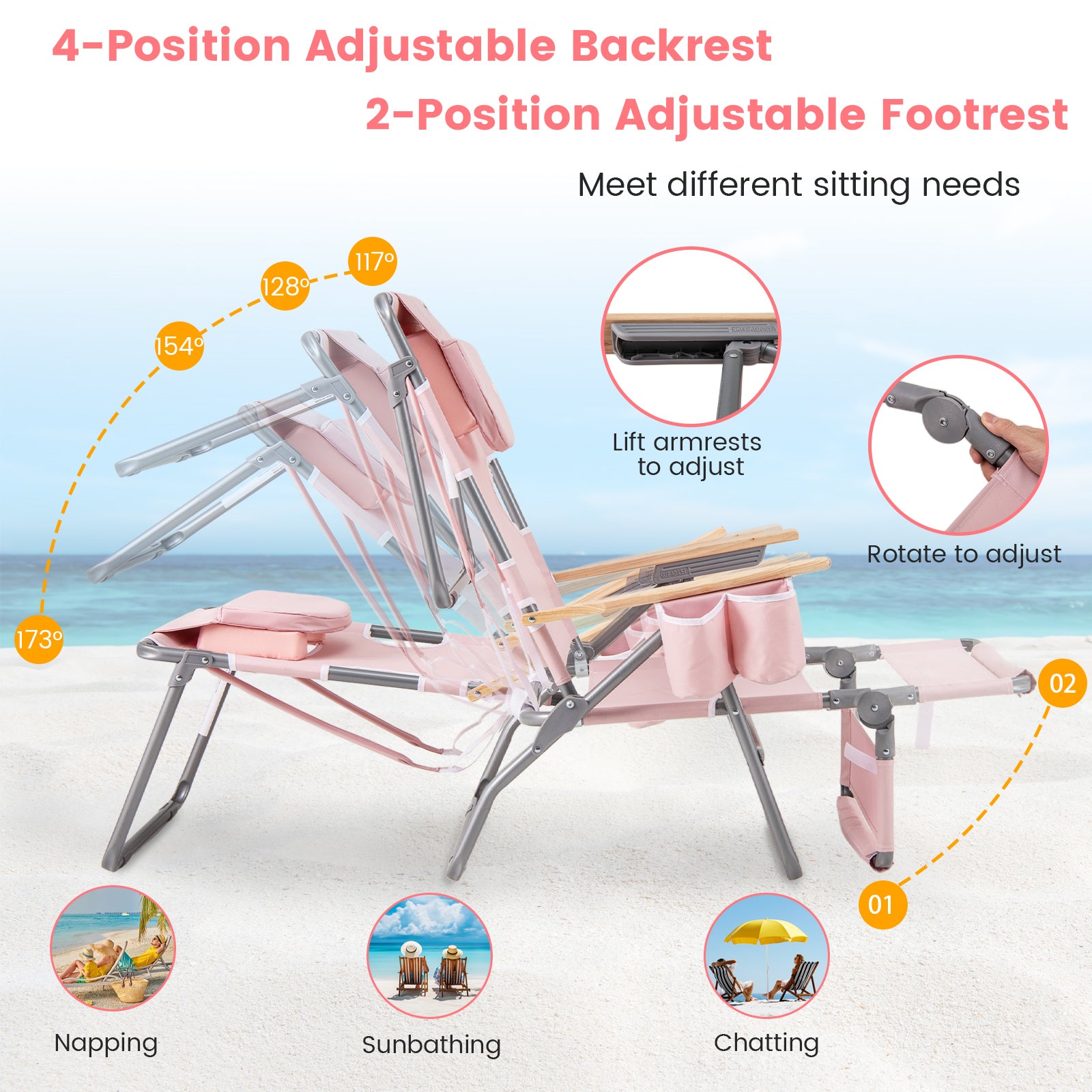 3-In-1 Foldable Beach Chair, Footrest, Adjustable Backrest, Pink Beach & Lawn Chairs at Gallery Canada