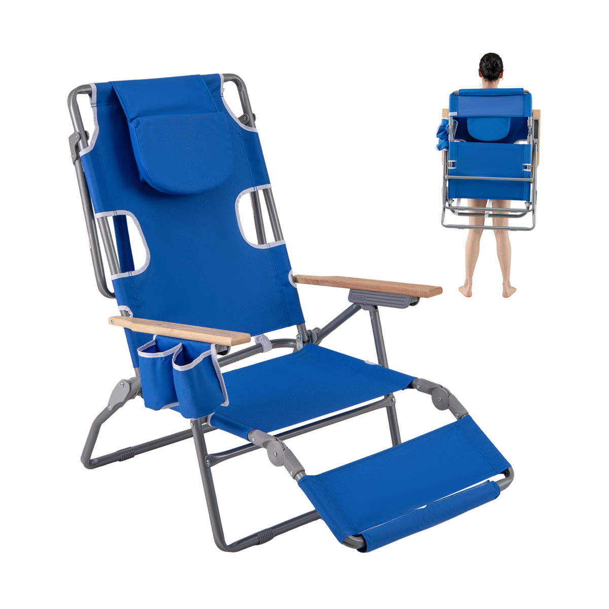 Foldable Beach Chair, 3-In-1 With Footrest, Adjustable Backrest, Navy Beach & Lawn Chairs at Gallery Canada