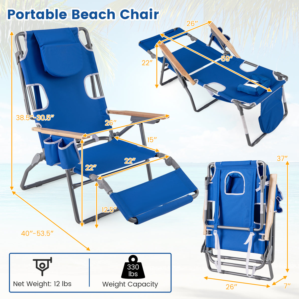 Foldable Beach Chair, 3-In-1 With Footrest, Adjustable Backrest, Navy Beach & Lawn Chairs at Gallery Canada