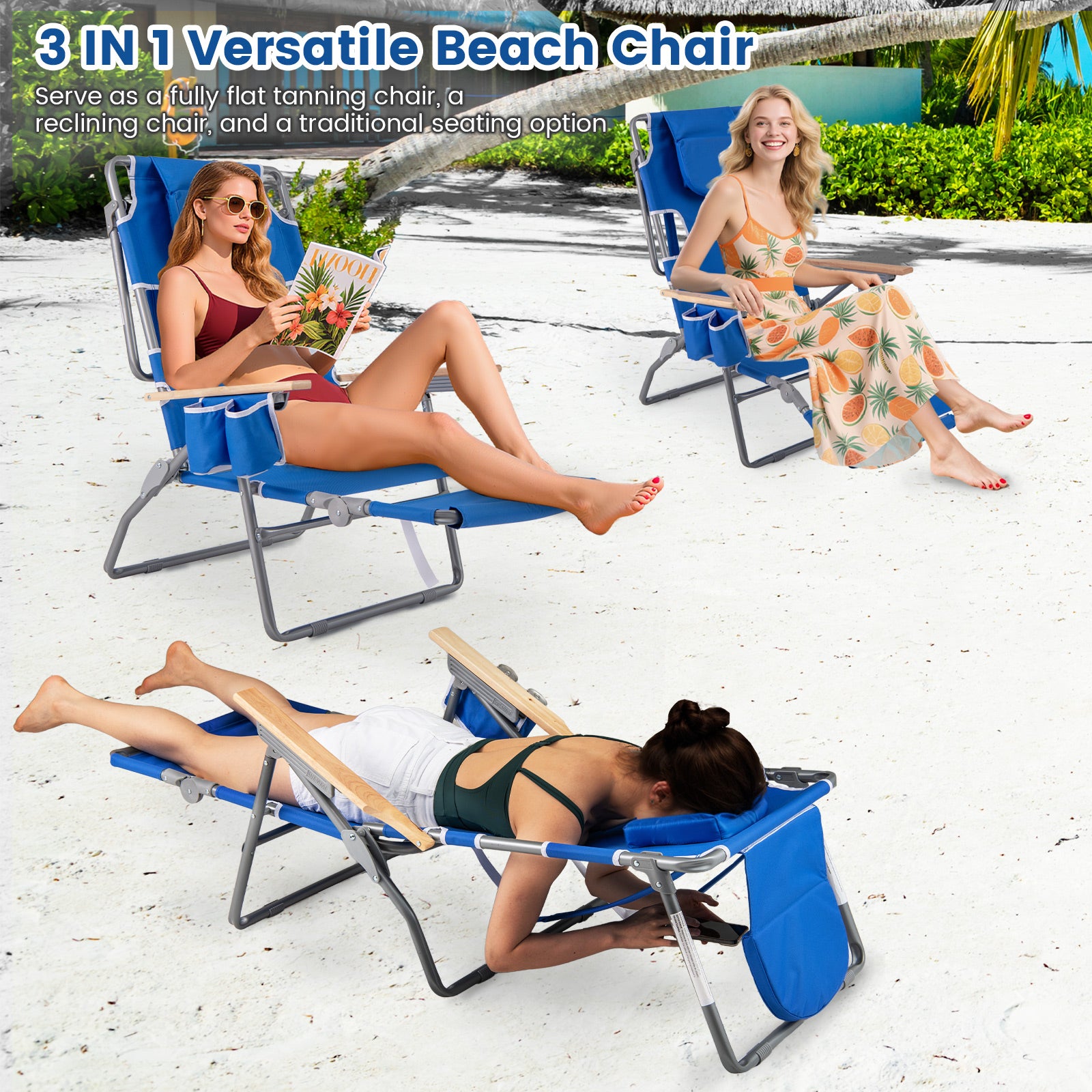 Foldable Beach Chair, 3-In-1 With Footrest, Adjustable Backrest, Navy Beach & Lawn Chairs at Gallery Canada