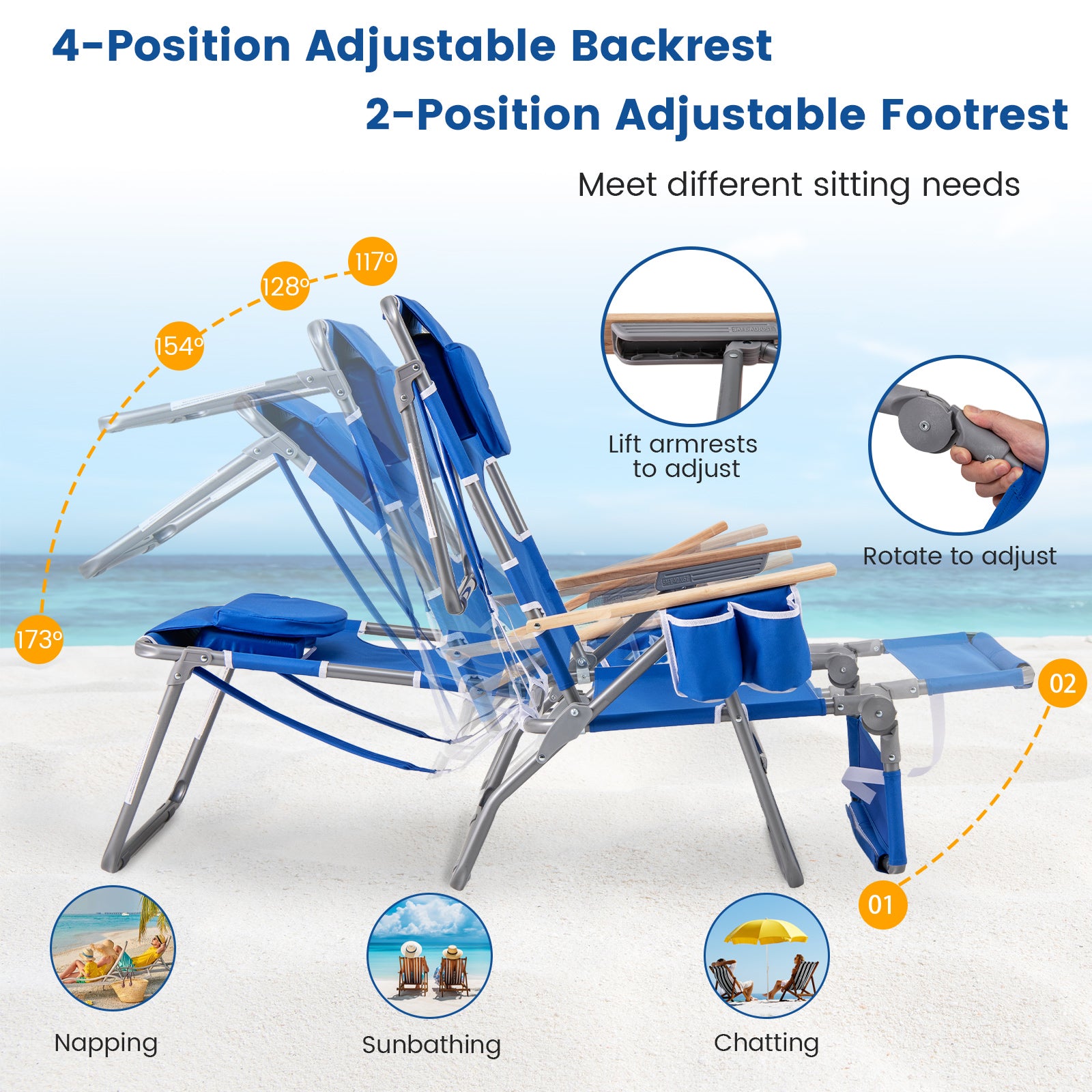 Foldable Beach Chair, 3-In-1 With Footrest, Adjustable Backrest, Navy Beach & Lawn Chairs at Gallery Canada