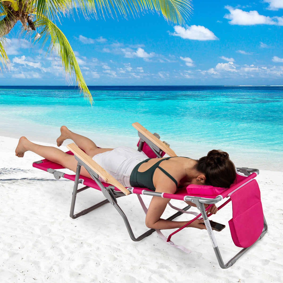 3-IN-1 Foldable Beach Chair with Footrest and Adjustable Backrest, Peach Beach & Lawn Chairs at Gallery Canada